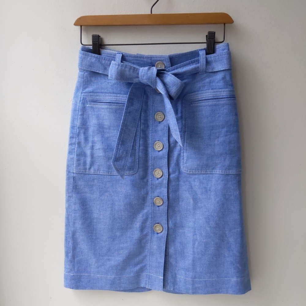 J. Crew Light Blue Button-Front Pencil Skirt with Tie Belt